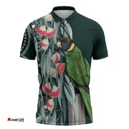 Australian Ringneck Parrot Zipper Polo Shirt Barnardius Zonarius Eucalyptus Flowers Aboriginal Art LT14