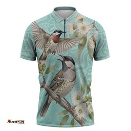 Australia Red Wattlebird Zipper Polo Shirt Eucalyptus Alba Indigenous Art LT14