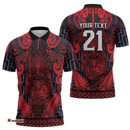 Custom New Zealand Taiaha Maori Zipper Polo Shirt Whero Minimalist Silver Fern Tukutuku Motif LT9