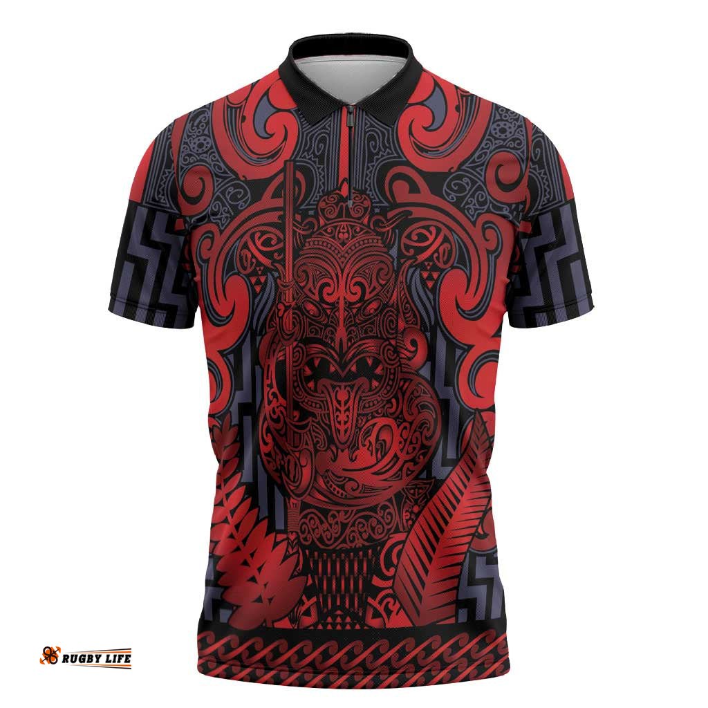 Custom New Zealand Taiaha Maori Zipper Polo Shirt Whero Minimalist Silver Fern Tukutuku Motif LT9