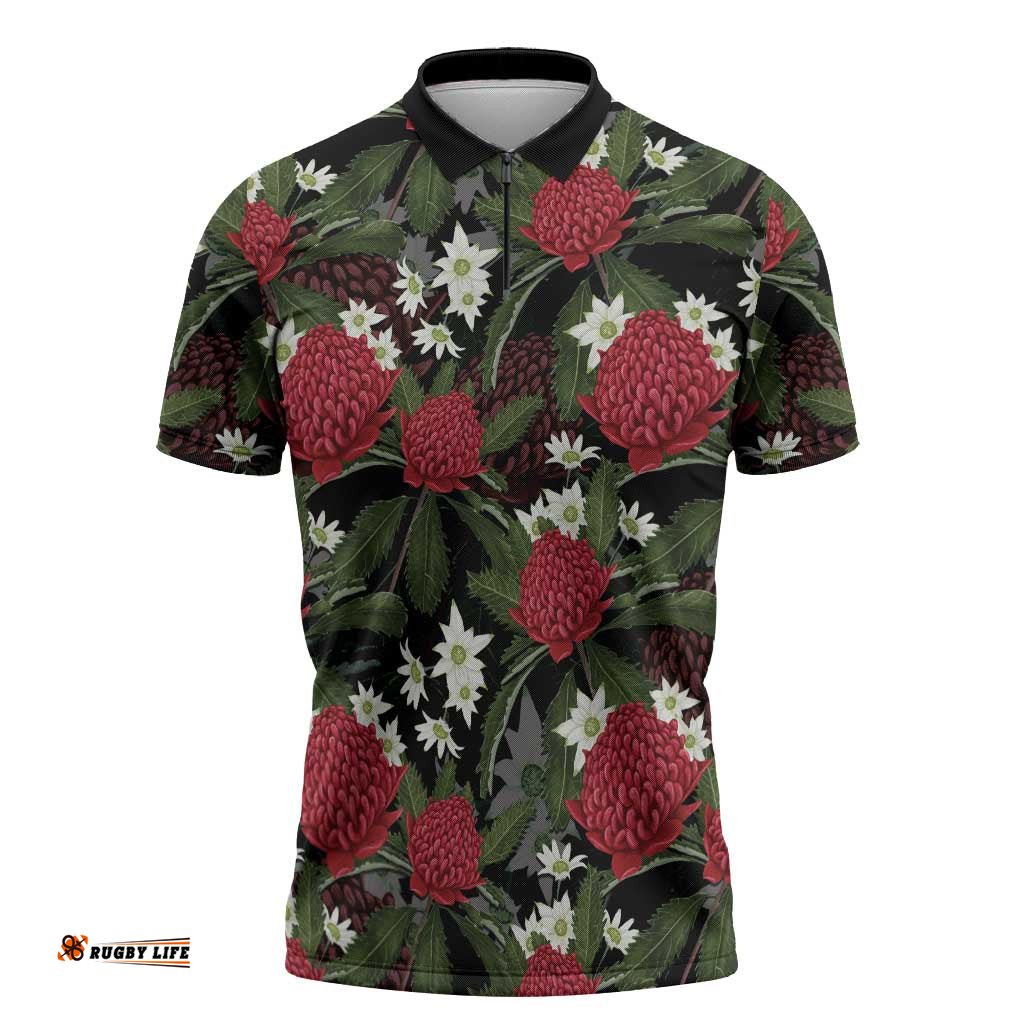 Australia Waratah Flannel Flower Zipper Polo Shirt Aussie Native Flowers Seamless Stylized LT14