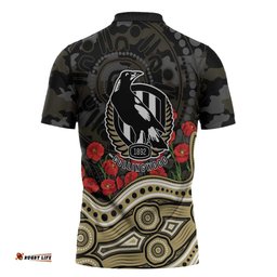 Collingwood Magpies ANZAC Day Zipper Polo Shirt Indigenous Dot Art with Poppy Flower Tribute TS04