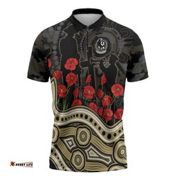 Collingwood Magpies ANZAC Day Zipper Polo Shirt Indigenous Dot Art with Poppy Flower Tribute TS04