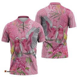 Australia Pink Galah Zipper Polo Shirt Rose-breasted Cockatoo Waratah Indigenous Art LT14