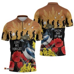 Australia Magpie ANZAC Day Zipper Polo Shirt Rising Sun 25th April Poppy Golden Wattle LT14