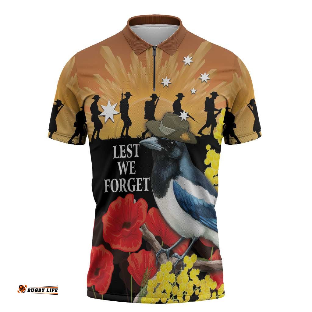 Australia Magpie ANZAC Day Zipper Polo Shirt Rising Sun 25th April Poppy Golden Wattle LT14