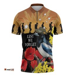 Australia Magpie ANZAC Day Zipper Polo Shirt Rising Sun 25th April Poppy Golden Wattle LT14