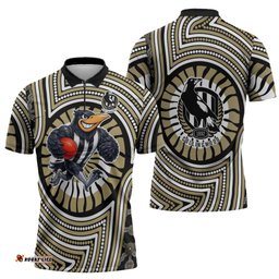 Collingwood Football Club Zipper Polo Shirt Indigenous Monochrome Dot Art Mascot Style TS04