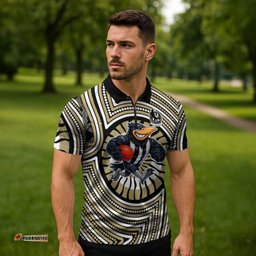 Collingwood Football Club Zipper Polo Shirt Indigenous Monochrome Dot Art Mascot Style TS04