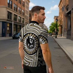 Collingwood Football Club Zipper Polo Shirt Indigenous Monochrome Dot Art Mascot Style TS04