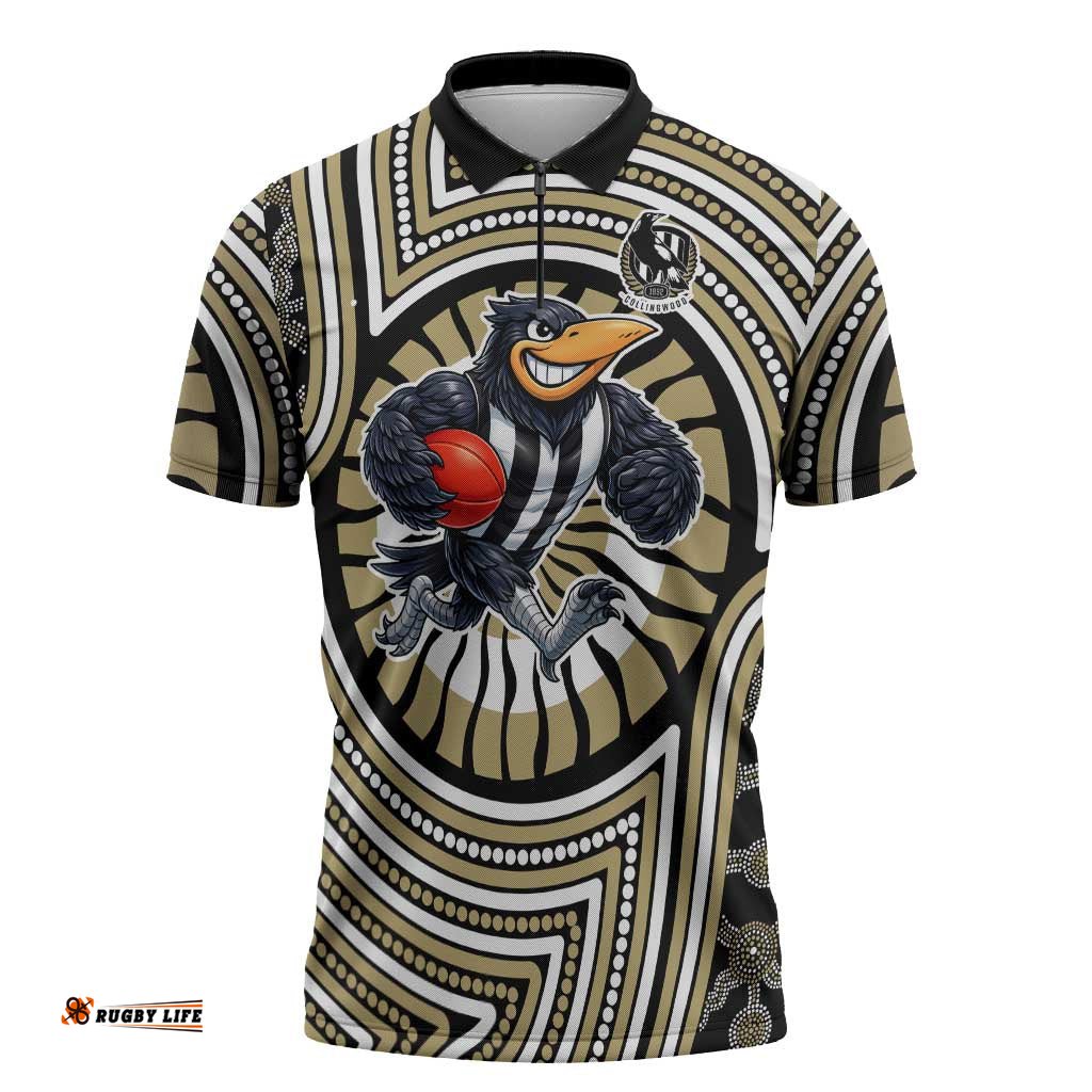 Collingwood Football Club Zipper Polo Shirt Indigenous Monochrome Dot Art Mascot Style TS04