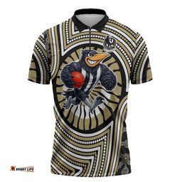 Collingwood Football Club Zipper Polo Shirt Indigenous Monochrome Dot Art Mascot Style TS04