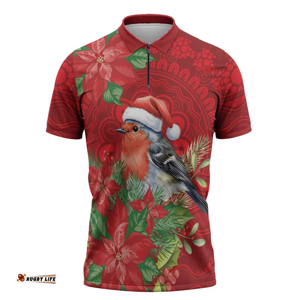 Australian Scarlet Robin Zipper Polo Shirt Aboriginal Inspired Christmas LT9