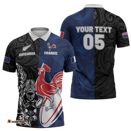France And New Zealand Rugby Custom Zipper Polo Shirt Les Bleus Rooster With Maori Tiki LT05