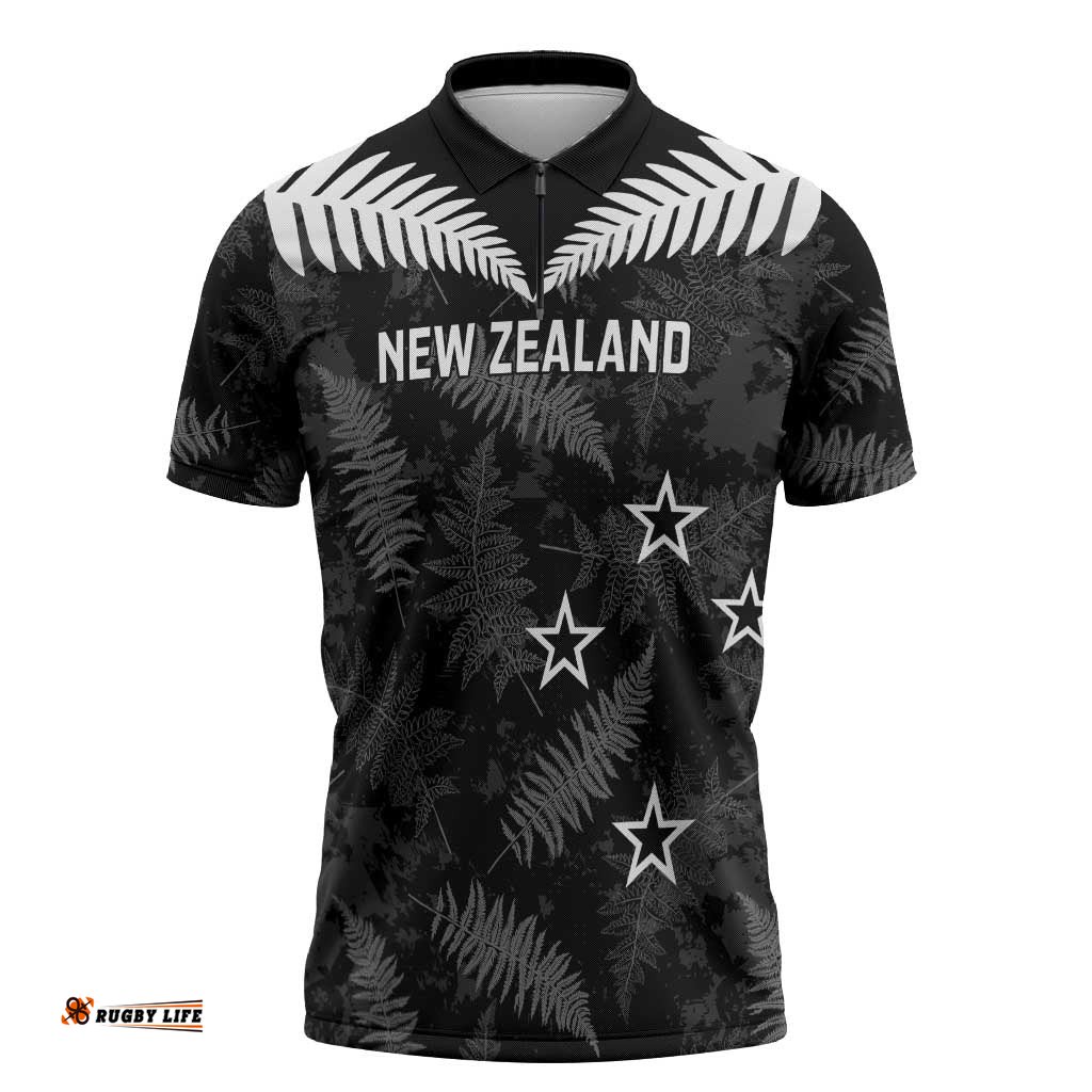 Custom New Zealand Silver Fern Football Zipper Polo Shirt Go Aotearoa Grunge Black LT14