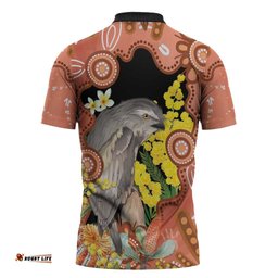 Australia Tawny Frogmouth Zipper Polo Shirt Golden Wattle Banksia Aboriginal Art LT14
