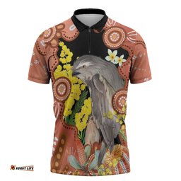 Australia Tawny Frogmouth Zipper Polo Shirt Golden Wattle Banksia Aboriginal Art LT14