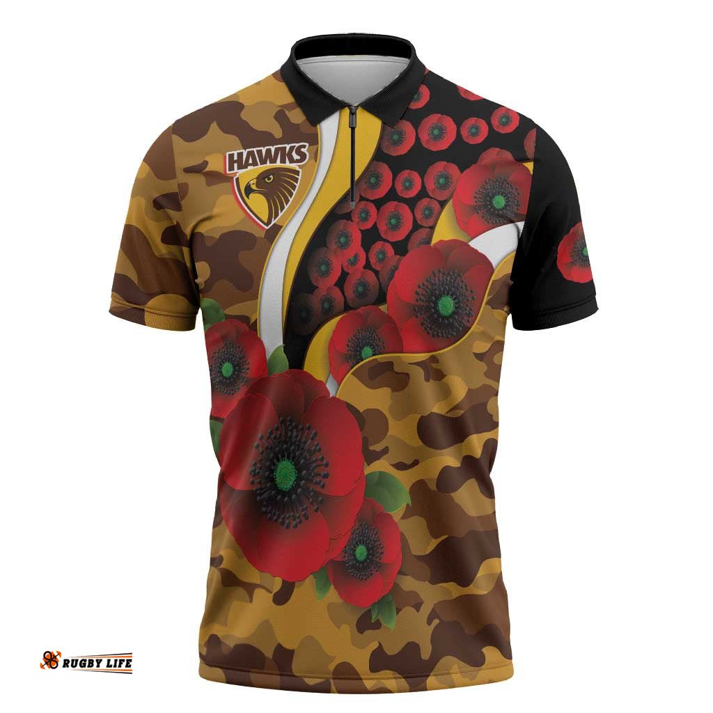 Hawthorn Hawks ANZAC Personalised Zipper Polo Shirt Lest We Forget Poppy Camo LT9