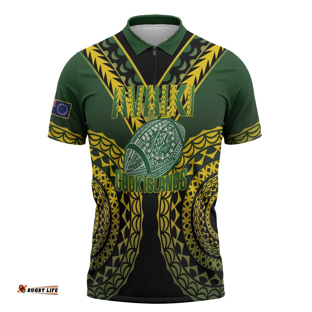 Custom Avaiki Cook Islands Rugby Zipper Polo Shirt Kuki Airani Tatau Black LT14