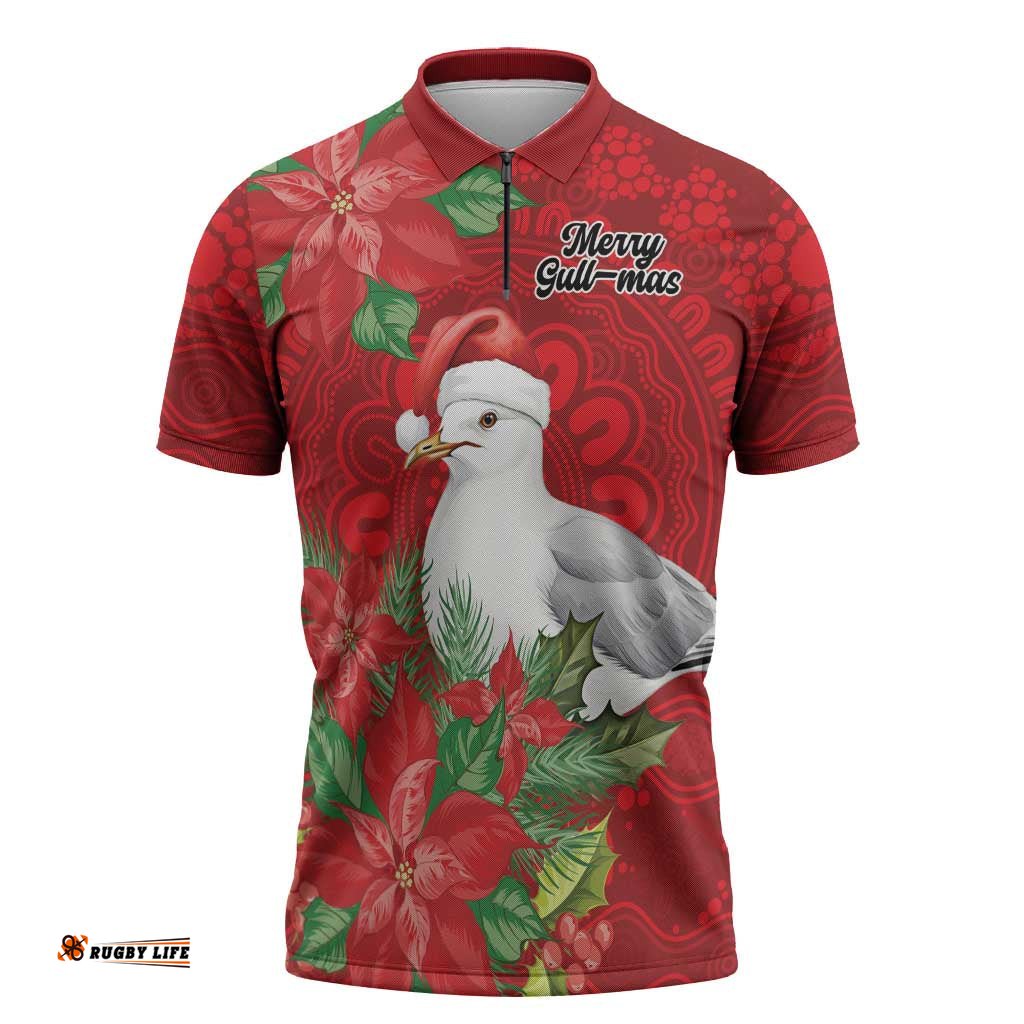 Australian Silver Gull Zipper Polo Shirt Aboriginal Inspired Christmas LT9