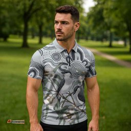 Australia Grey Butcherbird Zipper Polo Shirt Eucalyptus Alba Indigenous Art LT14