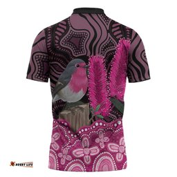 Australia Indigenous Zipper Polo Shirt Breast Cancer Pink Robin Bottlebrush Aboriginal Art LT14