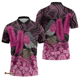 Australia Indigenous Zipper Polo Shirt Breast Cancer Pink Robin Bottlebrush Aboriginal Art LT14