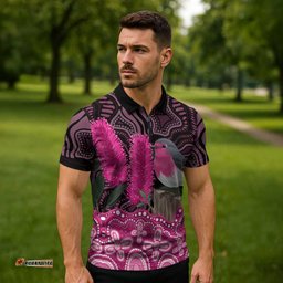 Australia Indigenous Zipper Polo Shirt Breast Cancer Pink Robin Bottlebrush Aboriginal Art LT14