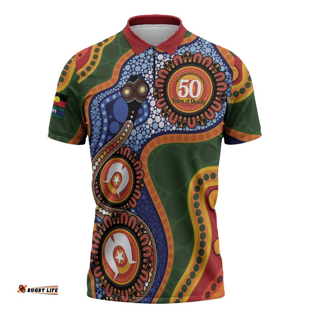 Australia NAIDOC Week 2026 Zipper Polo Shirt 50 Years of Deadly Dhari Snake Aboriginal Art LT14