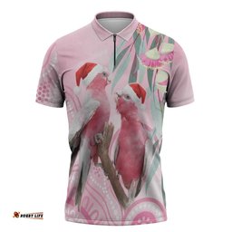 Australia Funny Pink Galah Christmas Zipper Polo Shirt Aboriginal Eucalyptus Blossoms Watercolor LT14