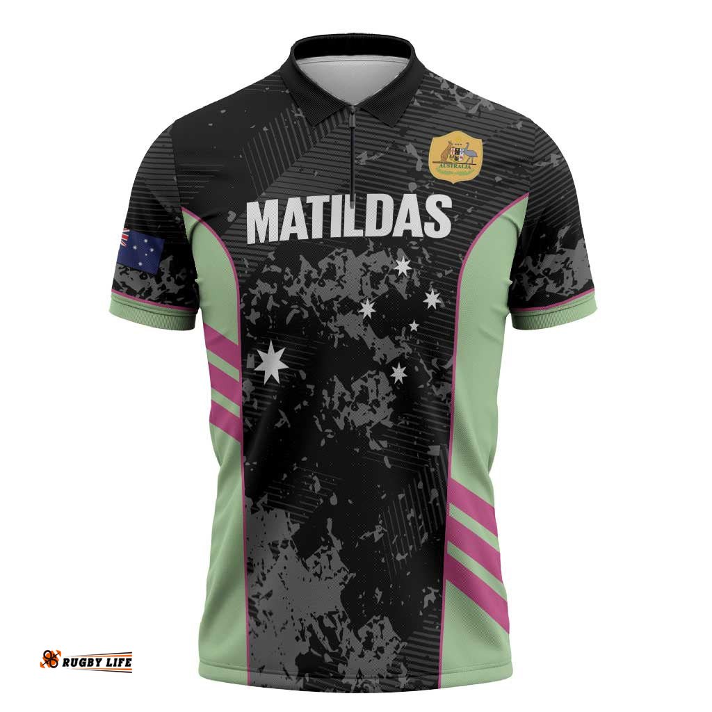 Custom Australia Matildas 2026 Zipper Polo Shirt Come On Aussie Grunge Style LT14