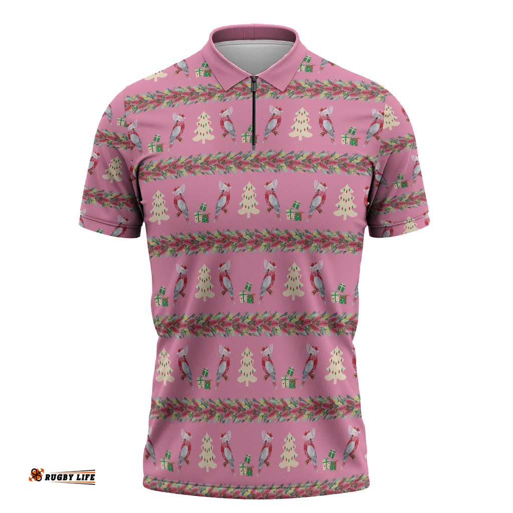 Australia Pink Galah Christmas Zipper Polo Shirt Eolophus Roseicapilla Bottlebrush Seamless LT14