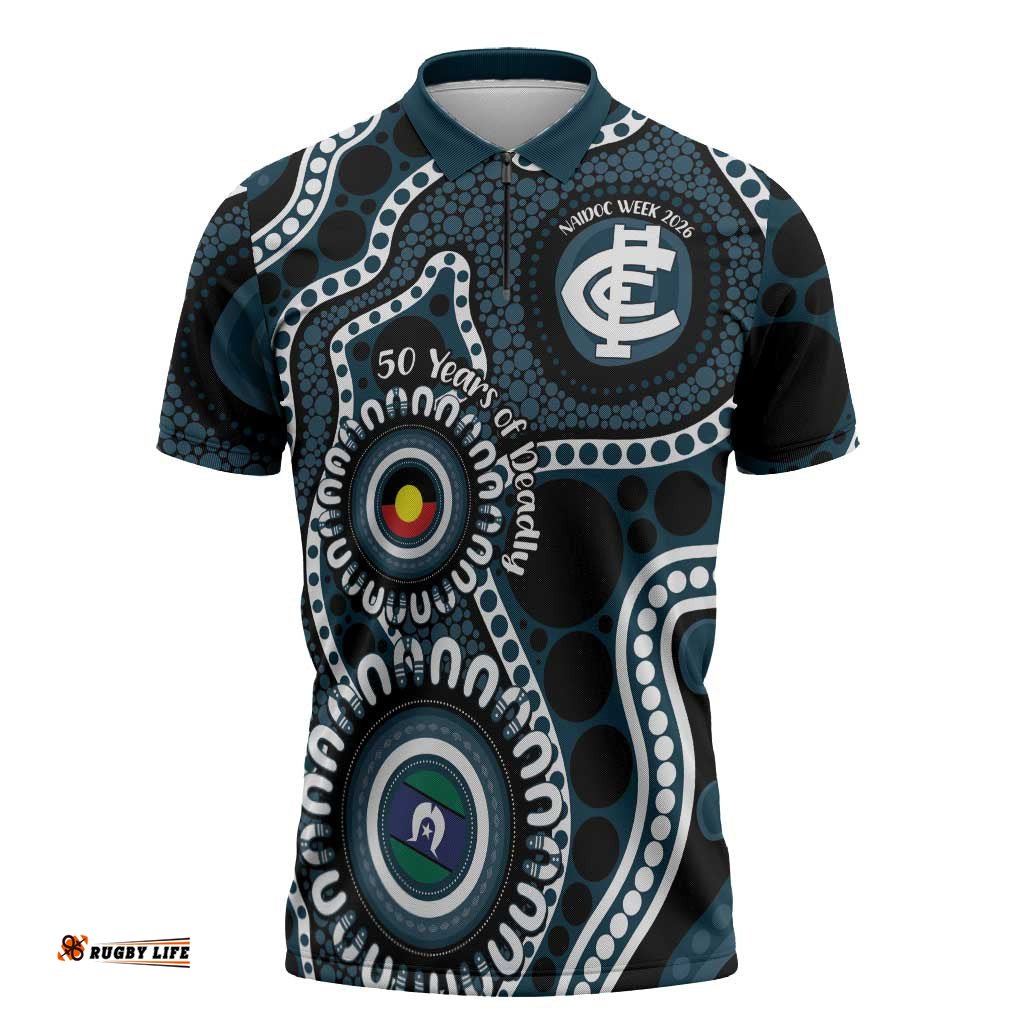 Carlton NAIDOC Week 2026 Personalised Zipper Polo Shirt 50 Years of Deadly Aboriginal Art LT14