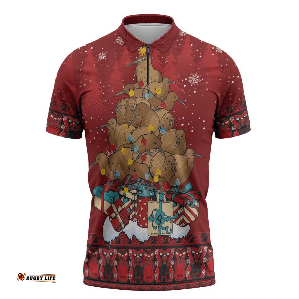 Funny Kiwi Bird Xmas Tree Zipper Polo Shirt New Zealand Tribal Christmas Spirit LT9