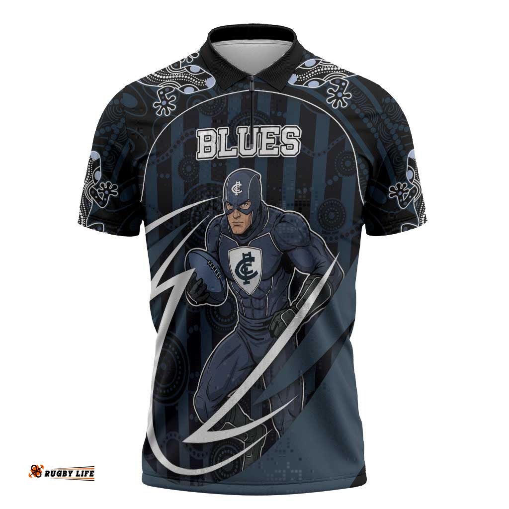 Custom Carlton Navy Zipper Polo Shirt Captain With Aboriginal Art DT05