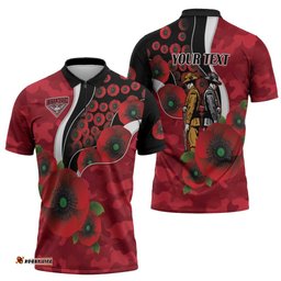 Essendon Bombers ANZAC Personalised Zipper Polo Shirt Lest We Forget Poppy Camo LT9