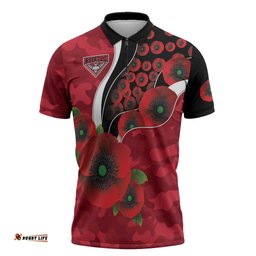 Essendon Bombers ANZAC Personalised Zipper Polo Shirt Lest We Forget Poppy Camo LT9