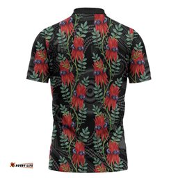 Australia Sturt's Desert Pea Zipper Polo Shirt Aussie Native Flowers Indigenous Art LT14