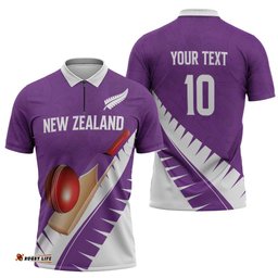 Custom New Zealand Cricket Zipper Polo Shirt Kiwi Birds Haka Dance Purple Fern Sporty Style LT03