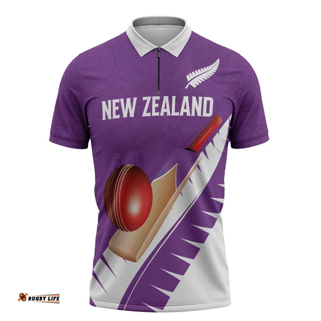Custom New Zealand Cricket Zipper Polo Shirt Kiwi Birds Haka Dance Purple Fern Sporty Style LT03