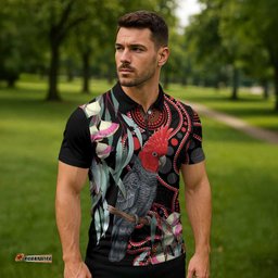 Gang-gang Cockatoo Australia Zipper Polo Shirt Eucalyptus Blossoms Aboriginal Art LT14