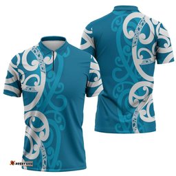 Azure Blue Maori Zipper Polo Shirt Koru Kowhaiwhai LT7