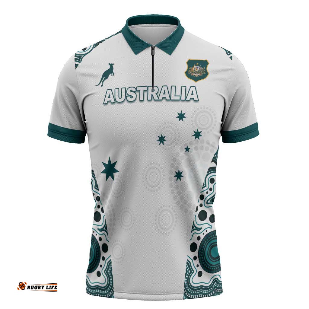 Custom Australia Rugby 2026 Zipper Polo Shirt Go Wallabies Aboriginal Pattern White Version LT05