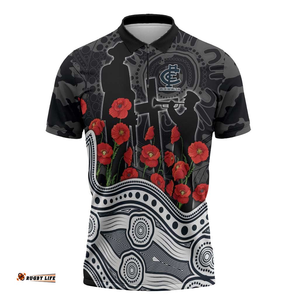 Carlton Blues ANZAC Day Zipper Polo Shirt Indigenous Dot Art with Poppy Flower Tribute TS04
