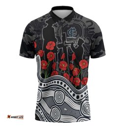 Carlton Blues ANZAC Day Zipper Polo Shirt Indigenous Dot Art with Poppy Flower Tribute TS04