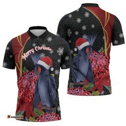 Australia Palm Cockatoo Christmas Zipper Polo Shirt Probosciger Aterrimus Waratah Merry Chrissie LT14