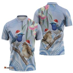 Australia Superb Fairywren Christmas Zipper Polo Shirt Aboriginal Eucalyptus Blossoms Watercolor LT14
