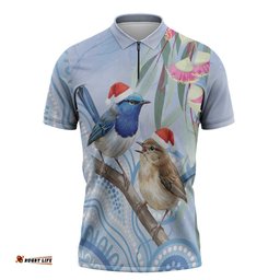 Australia Superb Fairywren Christmas Zipper Polo Shirt Aboriginal Eucalyptus Blossoms Watercolor LT14