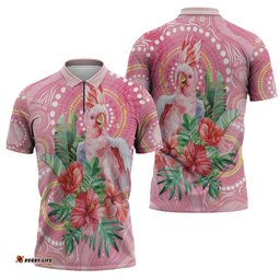 Breast Cancer Pink Cockatoo Zipper Polo Shirt Australia Indigenous Watercolor Glaze LT7