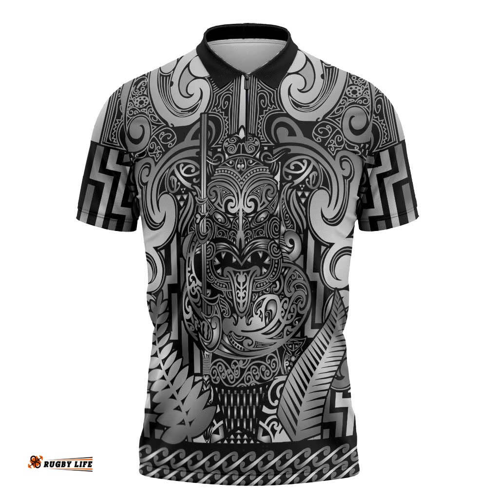 Custom New Zealand Taiaha Maori Zipper Polo Shirt Kiwikiwi Minimalist Silver Fern Tukutuku Motif LT9